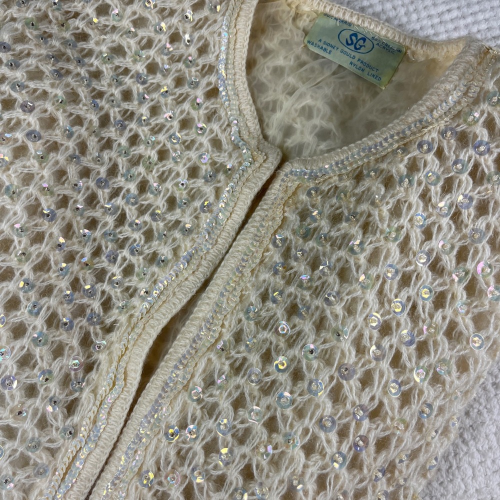 Vintage Sidney Gould Sequin Cardigan 50s Mohair Blend Crochet Knit Ecru
